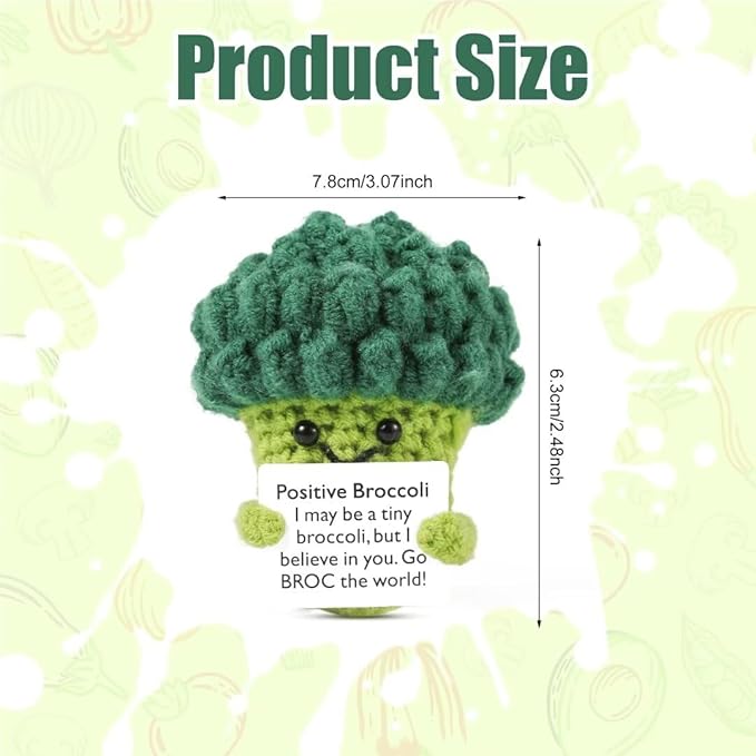 Handgemachter Häkel-Brokkoli mit Positivkarte | Süßes Geschenk- und Deko-Spielzeug mit ermutigender Botschaft – Perfekt für Geburtstag, Büro & Zuhause