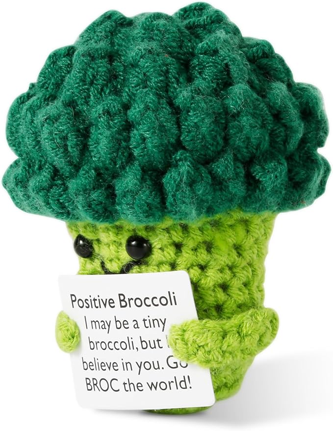 Handgemachter Häkel-Brokkoli mit Positivkarte | Süßes Geschenk- und Deko-Spielzeug mit ermutigender Botschaft – Perfekt für Geburtstag, Büro & Zuhause