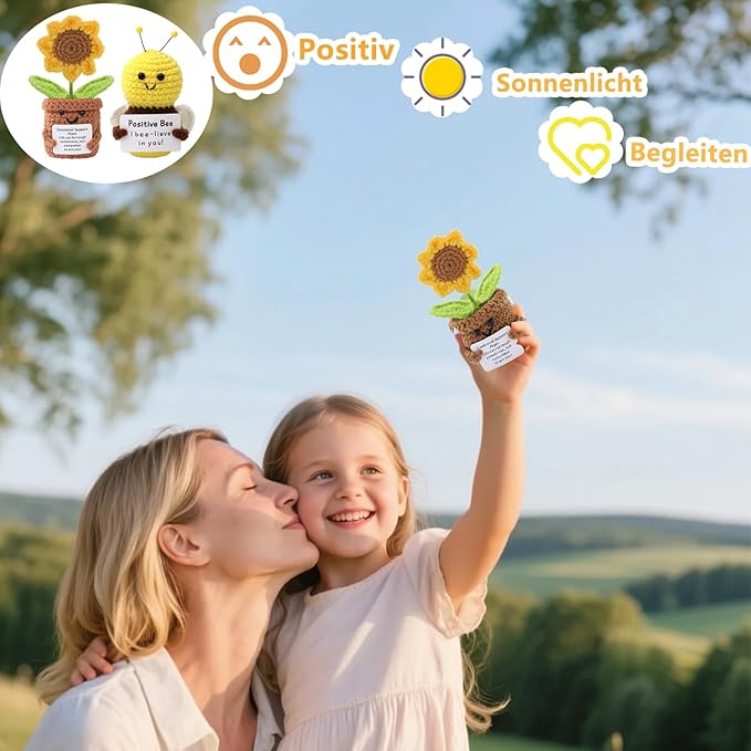 Handgemachte Glücks-Sonnenblume im Mini-Topf | Kleine positive Aufmerksamkeit als Mutmacher & Genesungsgeschenk für Freunde und Kollegen